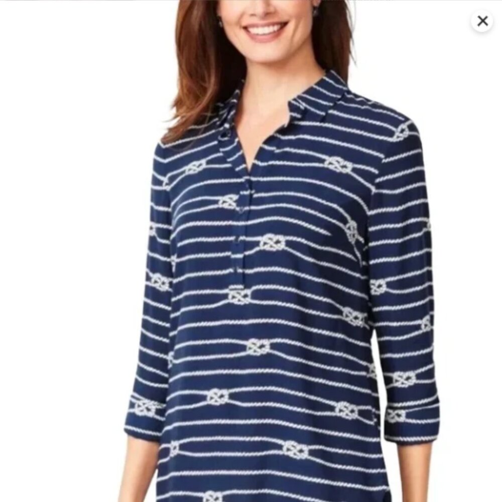 Talbots | Nautical Sailor Knot Blue and White Blouse | Size Medium Petite Womens